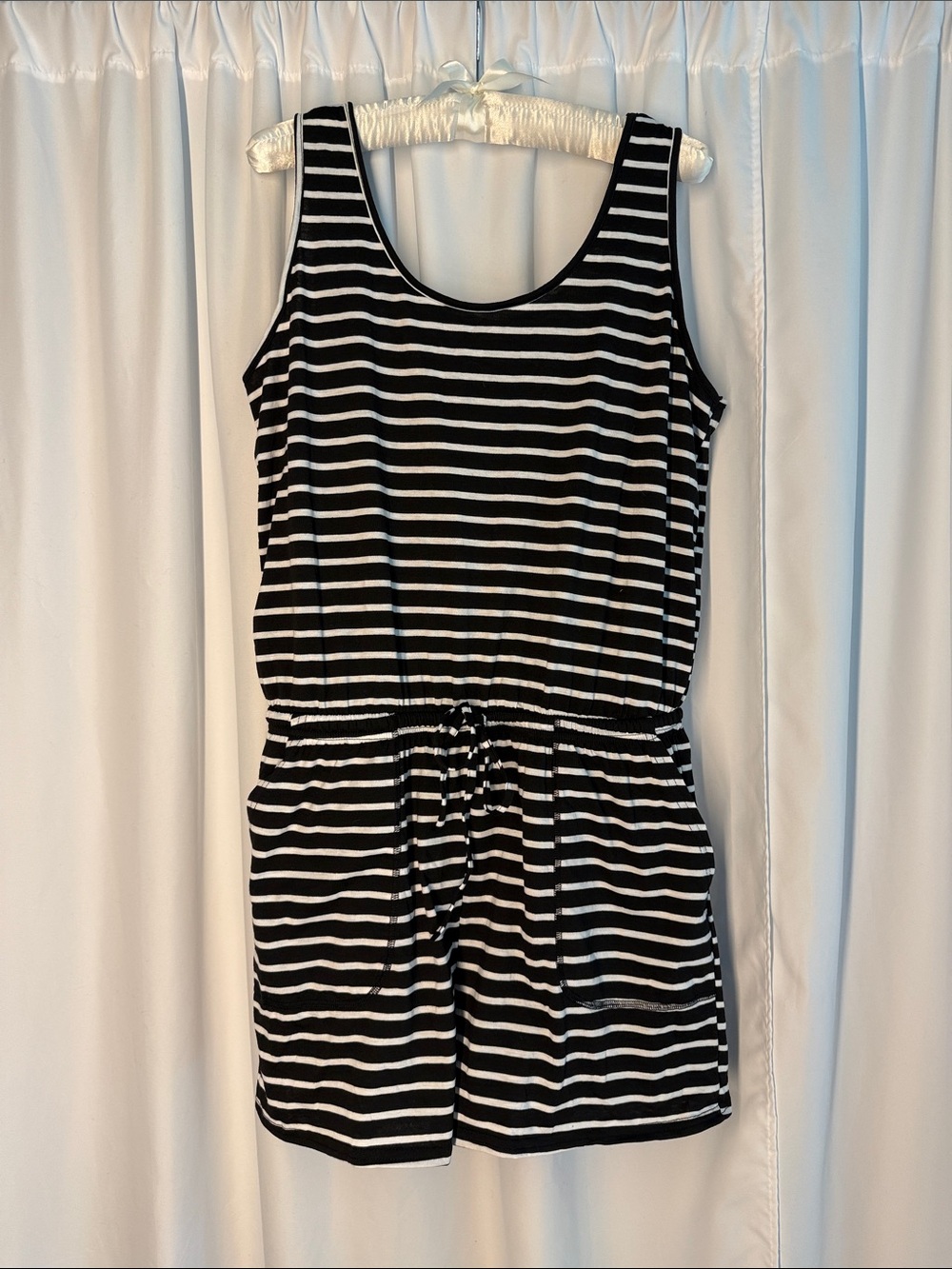 Black & White Striped Sleeveless Romper with Drawstring Waist